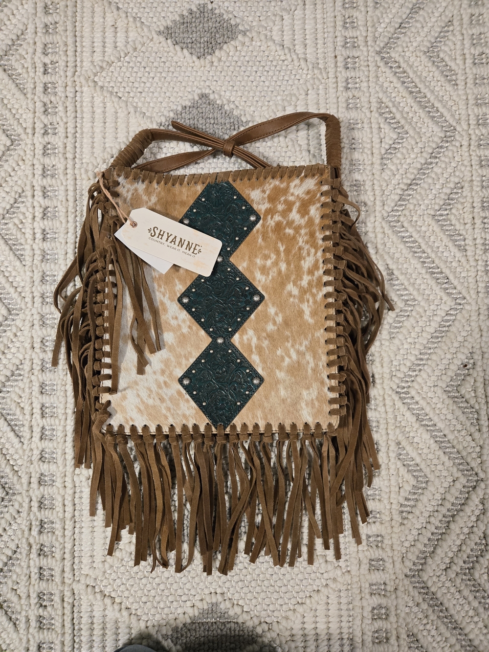 Shyanne Brown and Teal Fringe Tooled Crossbody Bag
